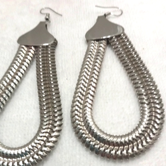 3" long Silver Tone Braided Look Hoop Pierced Earrings - Picture 3 of 4